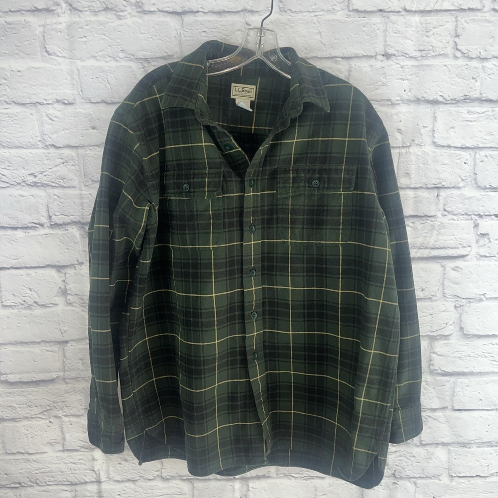 L.L. Bean Men's Scotch Plaid Green Yellow Flannel Button Down Shirt Size Large